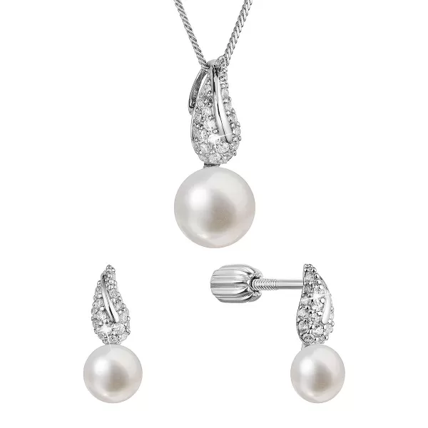 Perlová súprava so zirkónmi a bielou riečnou perlou 29059.1B