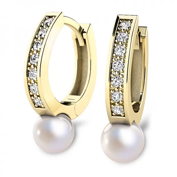 Náušnice žlté zlato 585/1000, prírodné diamanty 0.210ct, prírodné perly 109012-ZL-DIA-FW