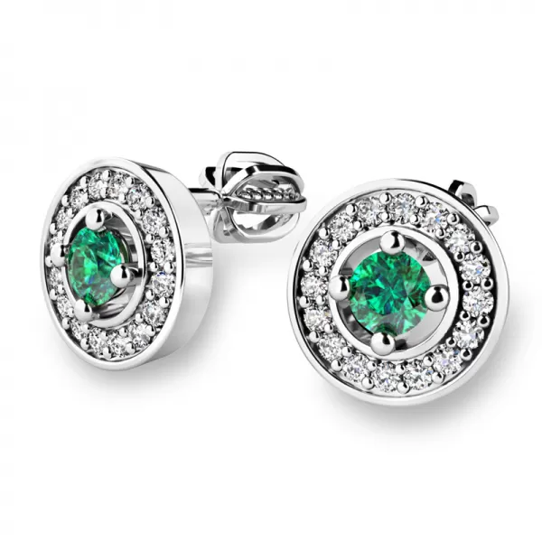 Náušnice biele zlato 585/1000, prírodné diamanty a smaragdy, 10921-B-SMAR