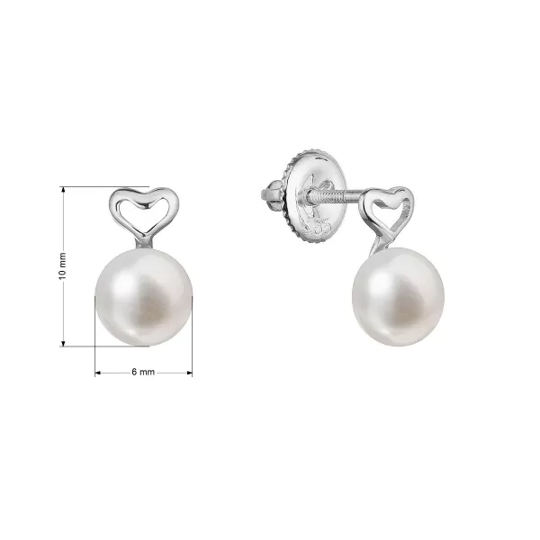 Zlaté 14 karátové náušnice kôstky biele zlato srdiečko s bielou riečnou perlou 81P00048