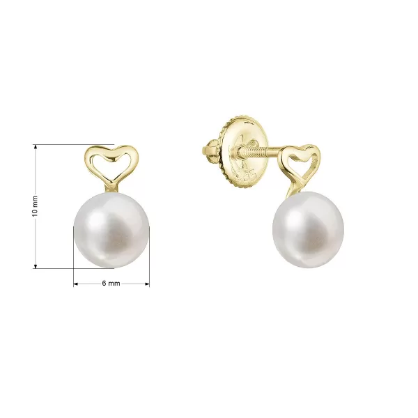 Zlaté 14 karátové náušnice kôstky žlté zlato srdiečko s bielou riečnou perlou 91P00048