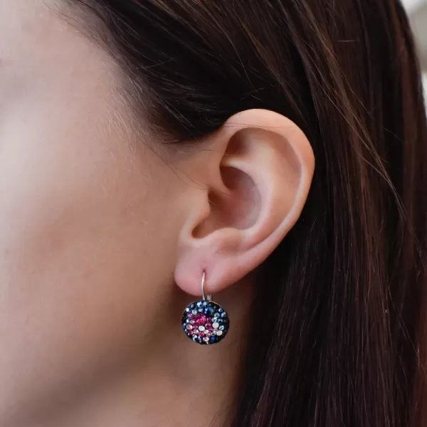 Strieborné náušnice visiace s kryštálmi Swarovski mix farieb okrúhle 31176.4 galaxy