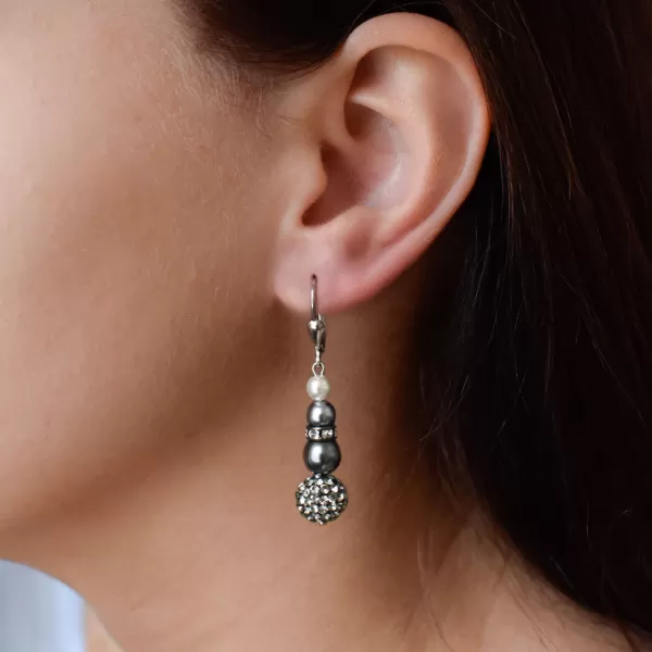 Strieborné náušnice visiace so syntetickými perlami a Preciosa kryštály šedé okrúhle 31149.3