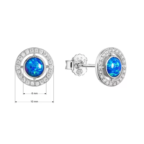 Strieborné náušnice kôstky s modrým okrúhlym syntetickým opálom a zirkónmi 11468.3 blue