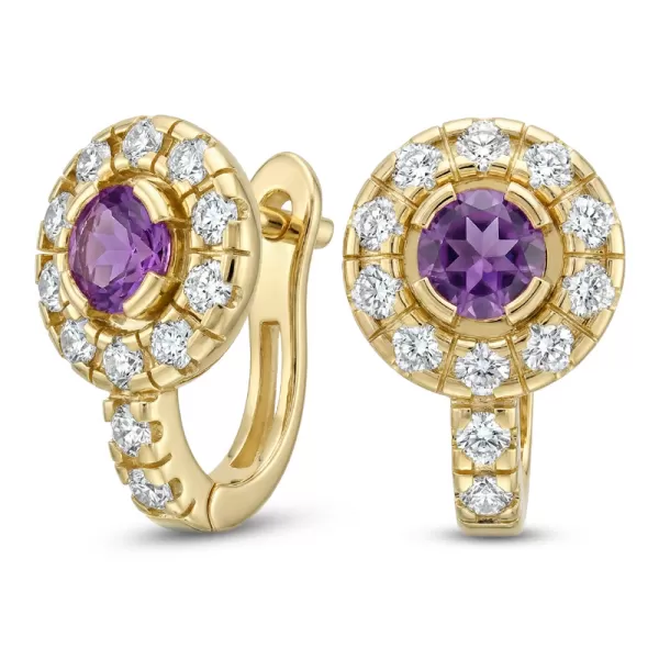 Náušnice žlté zlato 585/1000, prírodné diamanty a ametysty, 109015-ZL-AME