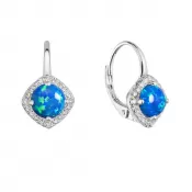 Strieborné náušnice visiace s modrým okrúhlym syntetickým opálom a zirkónmi 11463.3 blue