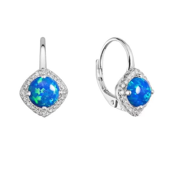 Strieborné náušnice visiace s modrým okrúhlym syntetickým opálom a zirkónmi 11463.3 blue