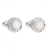 Strieborné náušnice kôstky so syntetickým opálom a Preciosa kryštály biele okrúhle 31217.1 white