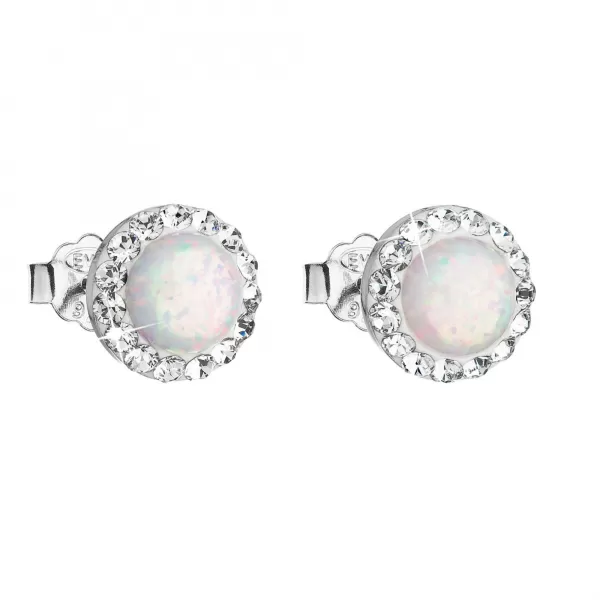 Strieborné náušnice kôstky so syntetickým opálom a Preciosa kryštály biele okrúhle 31217.1 white
