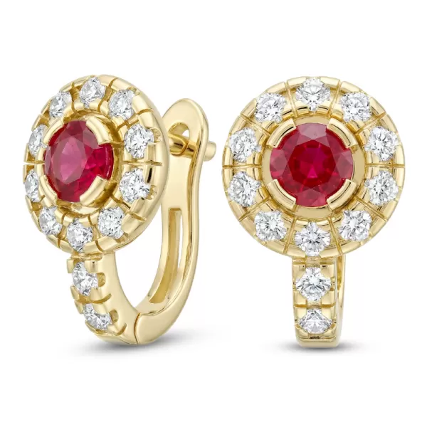 Náušnice žlté zlato 585/1000, prírodné diamanty a rubíny, 109015-ZL-RUB