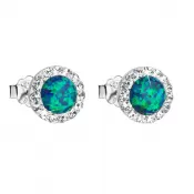 Strieborné náušnice kôstky so syntetickým opálom a Preciosa kryštály zelené okrúhle 31217.1 green