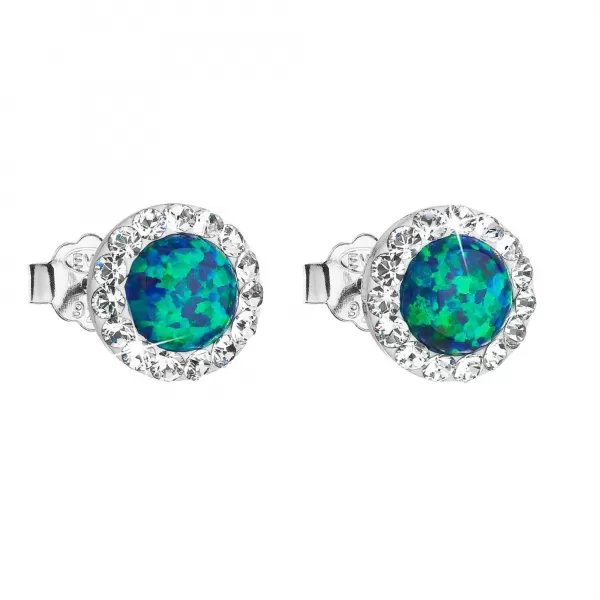 Strieborné náušnice kôstky so syntetickým opálom a Preciosa kryštály zelené okrúhle 31217.1 green