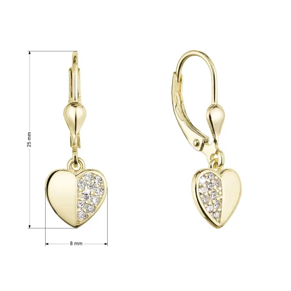 Pozlátené strieborné náušnice visiace srdce so zirkónmi bielej 11472.1