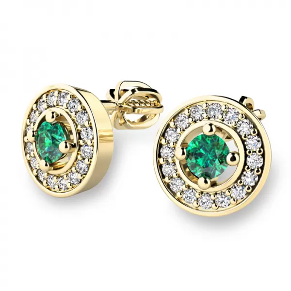 Náušnice žlté zlato 585/1000, prírodné diamanty a smaragdy, 10921-ZL-SMAR