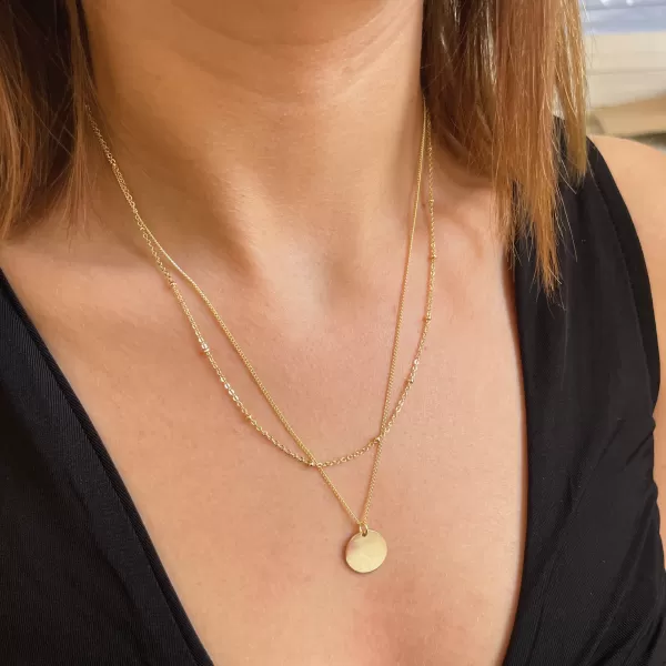 Pozlátený náhrdelník dvojradový s placičkou a retiazkou s guličkami 62002