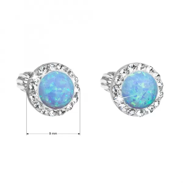 Strieborné náušnice kôstky so syntetickým opálom a Preciosa kryštály svetlo modré okrúhle 31317.1