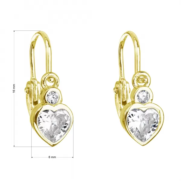Pozlátené strieborné detské náušnice visiace so zirkónom biele srdce 11178.1