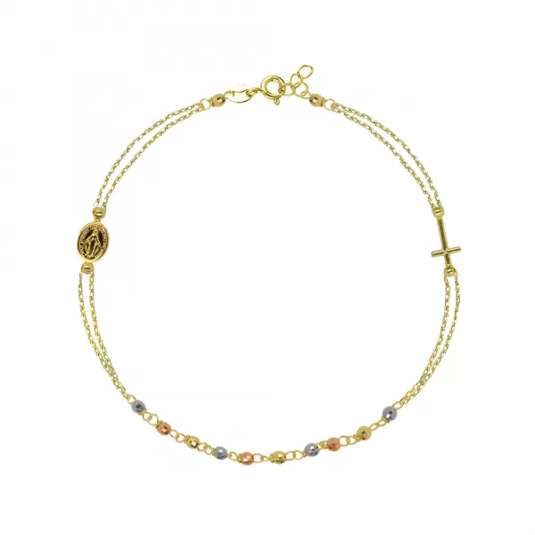 Zlatý 14 karátový náramok ruženec s krížom a medailónikom s Pannou Máriou RŽ09 multi