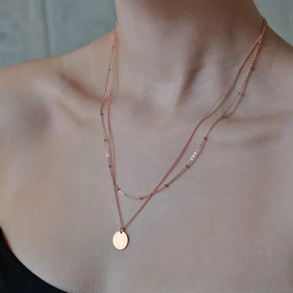 Pozlátený ROSE náhrdelník dvojradový s placičkou a retiazkou s guličkami 62002