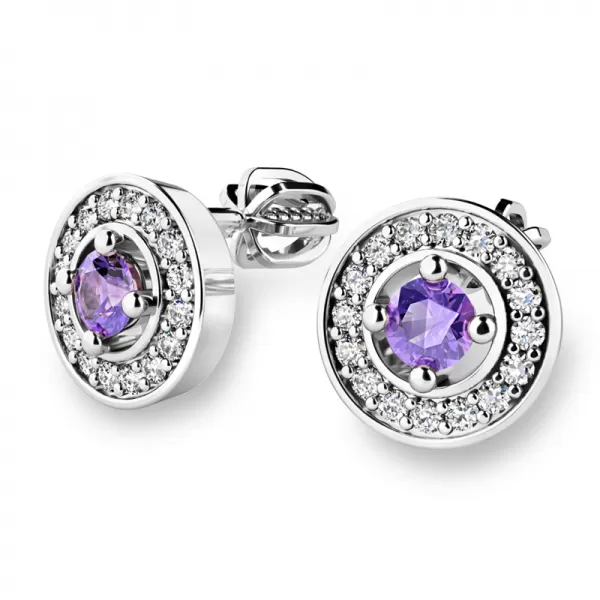 Náušnice biele zlato 585/1000, prírodné diamanty a ametysty, 10921-B-AME