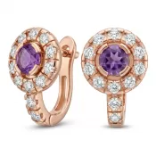 Náušnice ružové zlato 585/1000, prírodné diamanty a ametysty, 109015-CV-AME