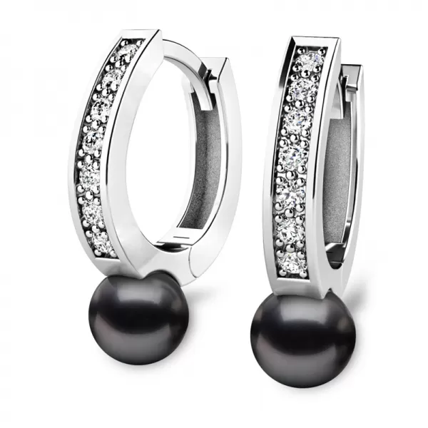 Náušnice bílé zlato 585/1000, přírodní diamanty 0.210ct, přírodní perly 109011-B-DIA-Black