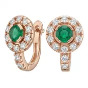 Náušnice ružové zlato 585/1000, prírodné diamanty a smaragdy, 109015-CV-SMAR