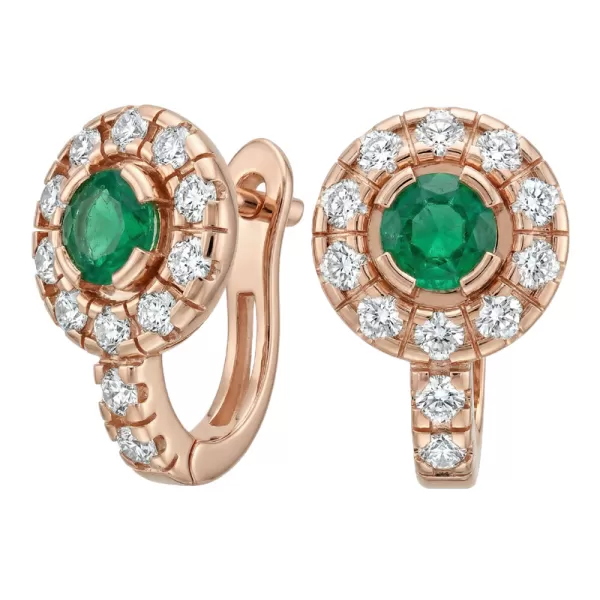 Náušnice ružové zlato 585/1000, prírodné diamanty a smaragdy, 109015-CV-SMAR