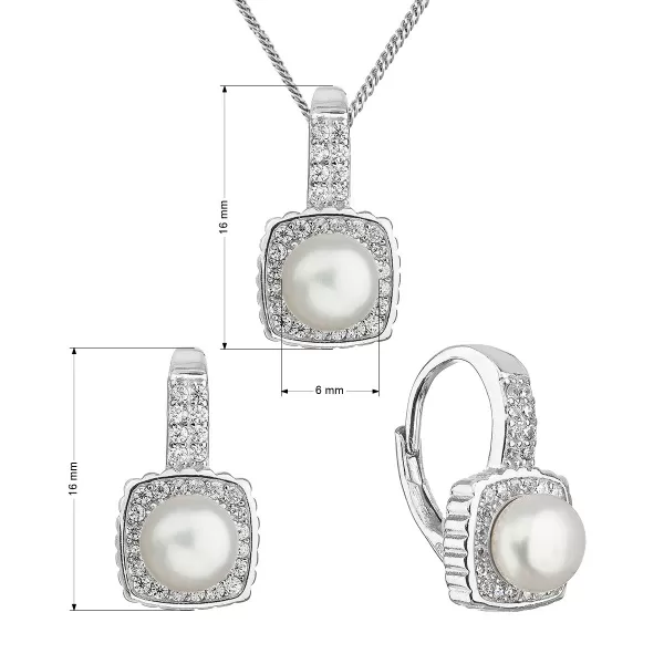 Perlová súprava s bielou riečnou perlou a zirkónmi štvorec 29084.1