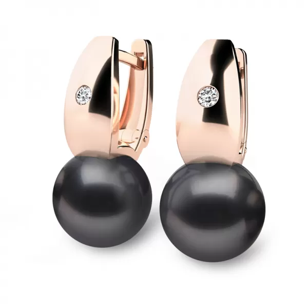 Náušnice z ružového zlata 585/1000 s prírodnými diamantmi a prírodnými perlami 0,032 ct 10988CV-DIA-čierna