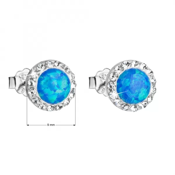 Strieborné náušnice kôstky so syntetickým opálom a Preciosa kryštály modré okrúhle 31217.1 blue