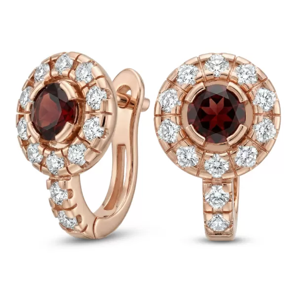 Náušnice ružové zlato 585/1000, prírodné diamanty a granáty, 109015-CV-GRA