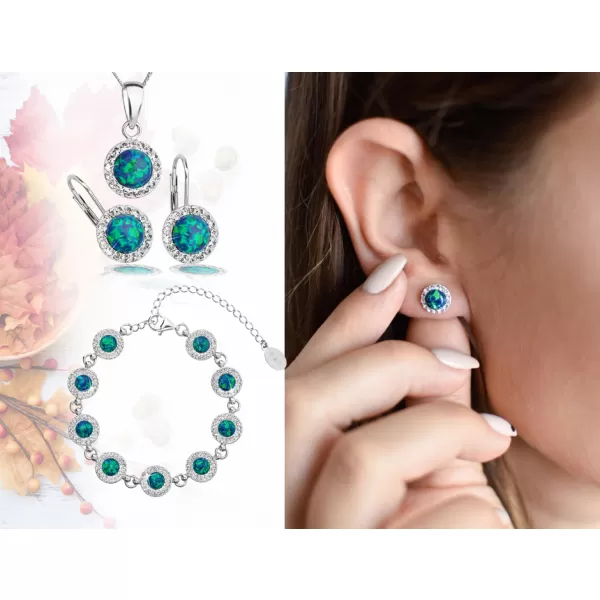 Strieborné náušnice kôstky so syntetickým opálom a Preciosa kryštály zelené okrúhle 31217.1 green