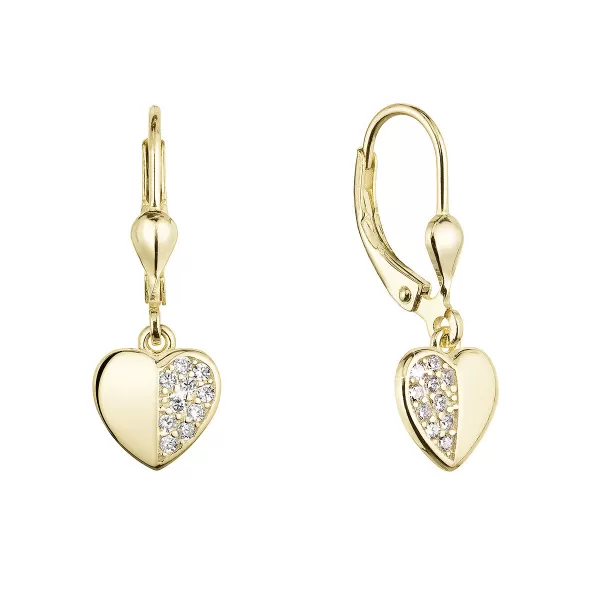 Pozlátené strieborné náušnice visiace srdce so zirkónmi bielej 11472.1