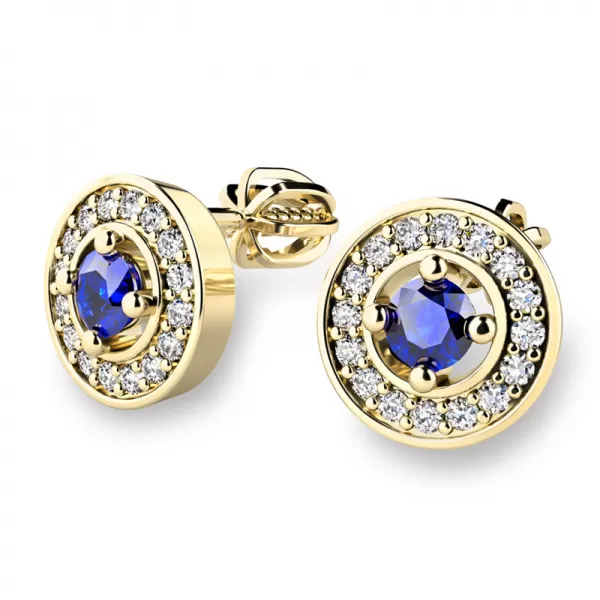Náušnice žlté zlato 585/1000, prírodné diamanty a zafíry, 10921-ZL-SAF