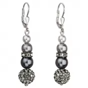 Strieborné náušnice visiace so syntetickými perlami a Preciosa kryštály šedé okrúhle 31149.3