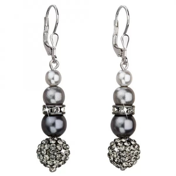 Strieborné náušnice visiace so syntetickými perlami a Preciosa kryštály šedé okrúhle 31149.3