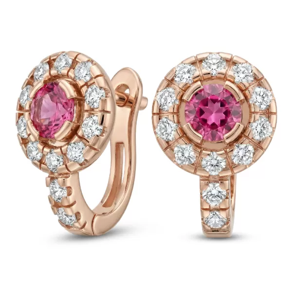 Náušnice ružové zlato 585/1000, prírodné diamanty a turmalíny, 109015-CV-TUR
