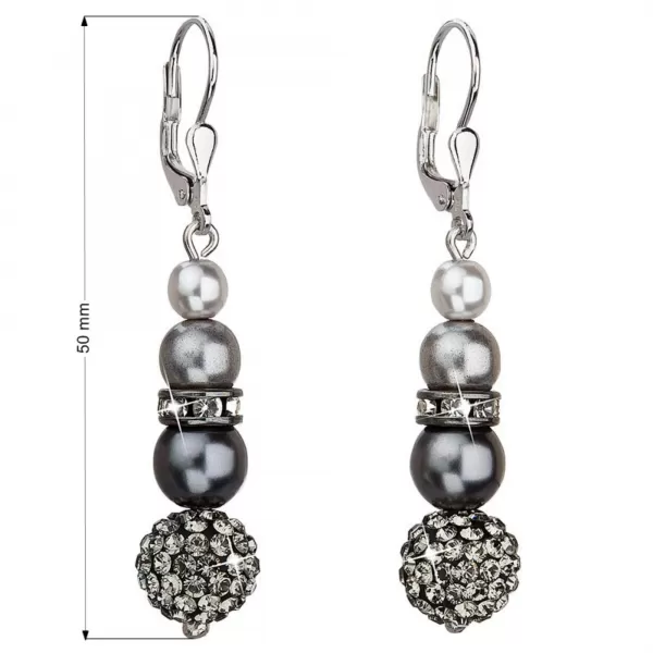 Strieborné náušnice visiace so syntetickými perlami a Preciosa kryštály šedé okrúhle 31149.3