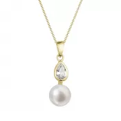 Zlatý 14 karátový náhrdelník žlté zlato s bielou riečnou perlou a zirkónmi 92PZ00048