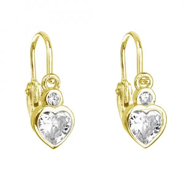 Pozlátené strieborné detské náušnice visiace so zirkónom biele srdce 11178.1