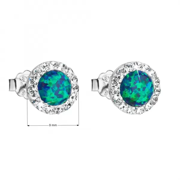 Strieborné náušnice kôstky so syntetickým opálom a Preciosa kryštály zelené okrúhle 31217.1 green