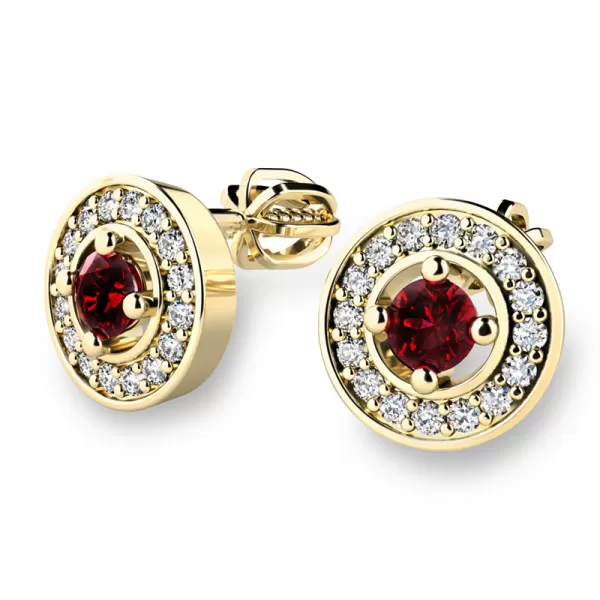 Náušnice žlté zlato 585/1000, prírodné diamanty a granáty, 10921-ZL-GRA