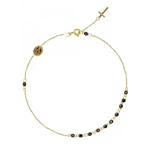 Zlatý 14 karátový náramok ruženec s krížom a medailónikom s Pannou Máriou RŽ05 čierny