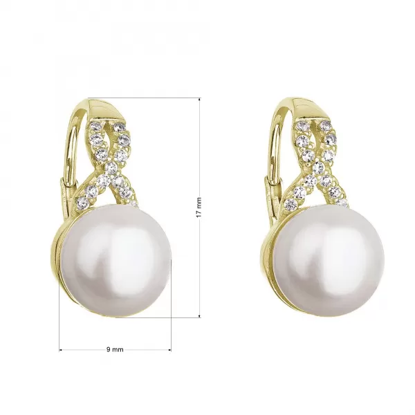 Pozlátené náušnice visiace s bielou riečnou perlou a zirkónmi 21048.1