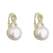 Pozlátené náušnice visiace s bielou riečnou perlou a zirkónmi 21048.1