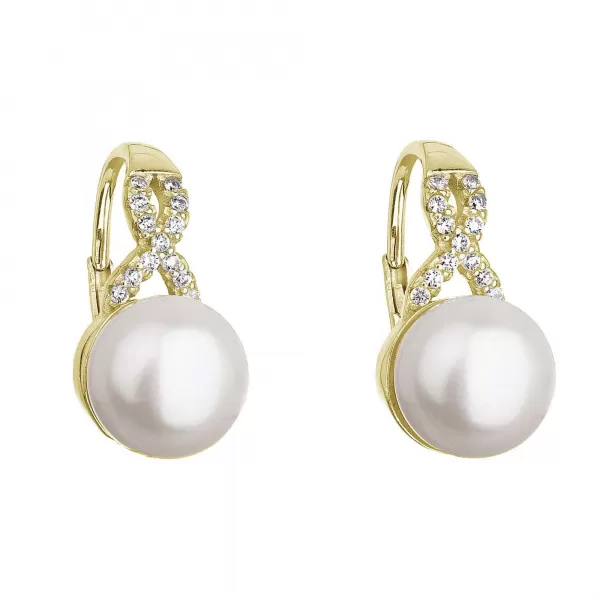 Pozlátené náušnice visiace s bielou riečnou perlou a zirkónmi 21048.1