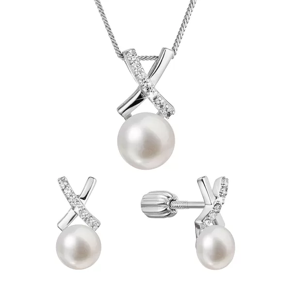 Perlová súprava "X" so zirkónmi a bielou riečnou perlou 29068.1B