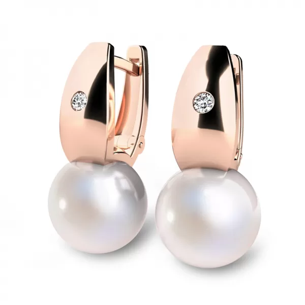 Náušnice z ružového zlata 585/1000 s prírodnými diamantmi a prírodnými perlami 0,032 ct 10988CV-DIA-FW