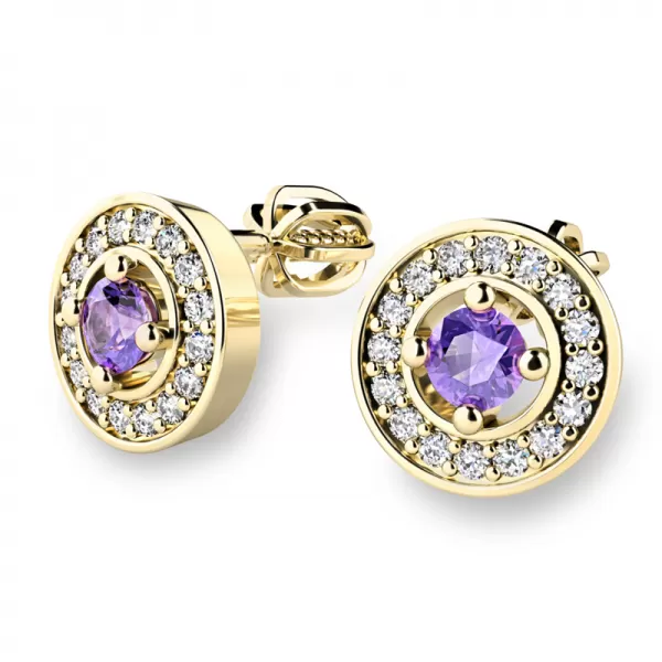 Náušnice žlté zlato 585/1000, prírodné diamanty a ametysty, 10921-ZL-AME